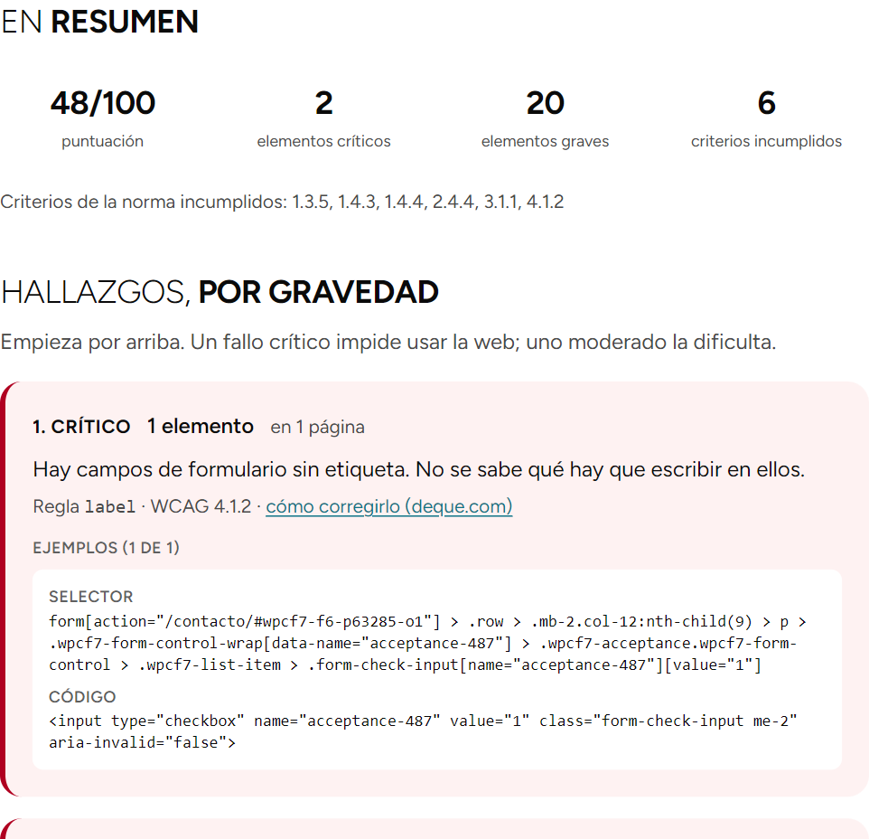 Segunda página del informe. Resumen: 48 sobre 100, 2 elementos críticos, 20 graves y 6 criterios de la norma incumplidos, seguido de los hallazgos ordenados por gravedad.